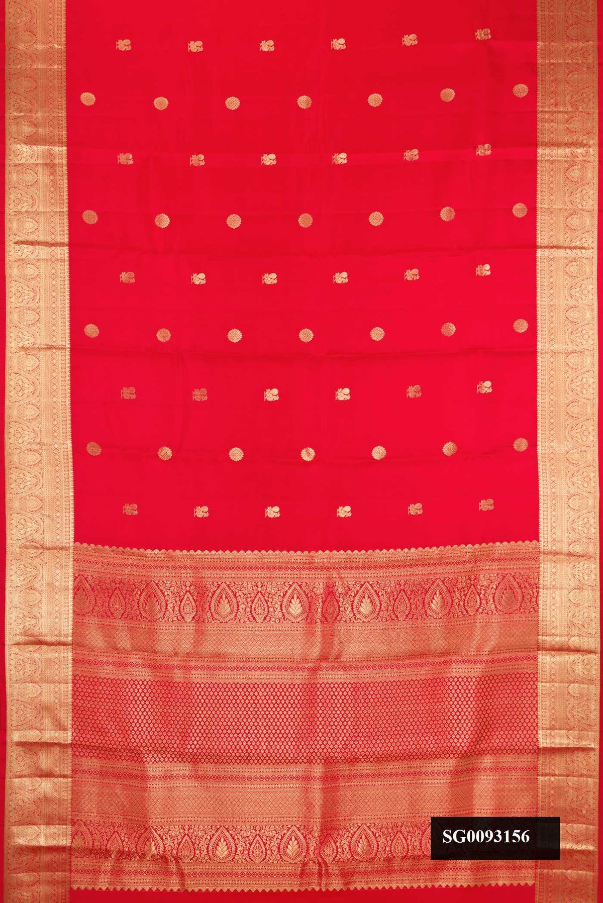 Red Dual Tone Kanchipuram Silk Saree with Zari Butta on the body and Zari Border.  displayed on a mannequin