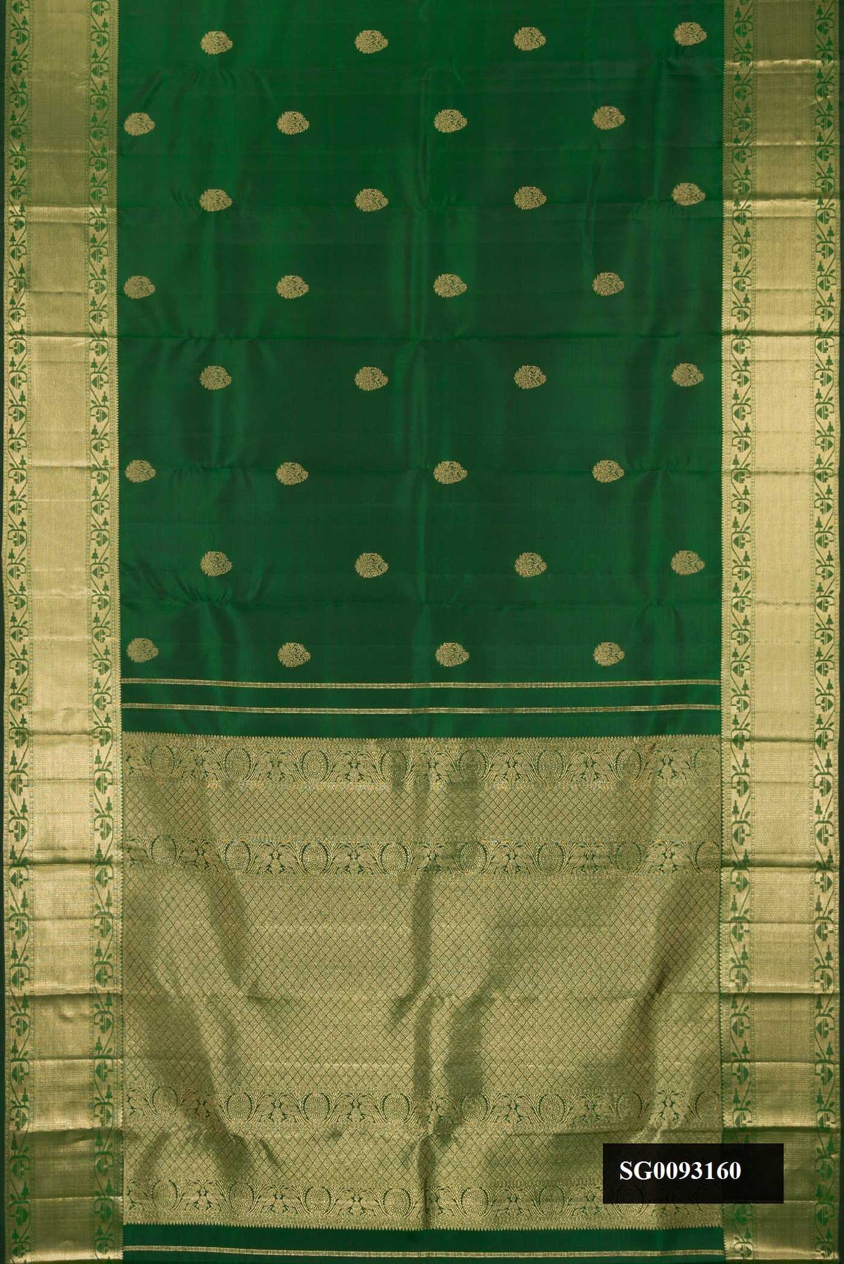 Bottle Green Dual Tone Kanchipuram Silk Saree with Zari Butta on the body and Zari Border.  displayed on a mannequin