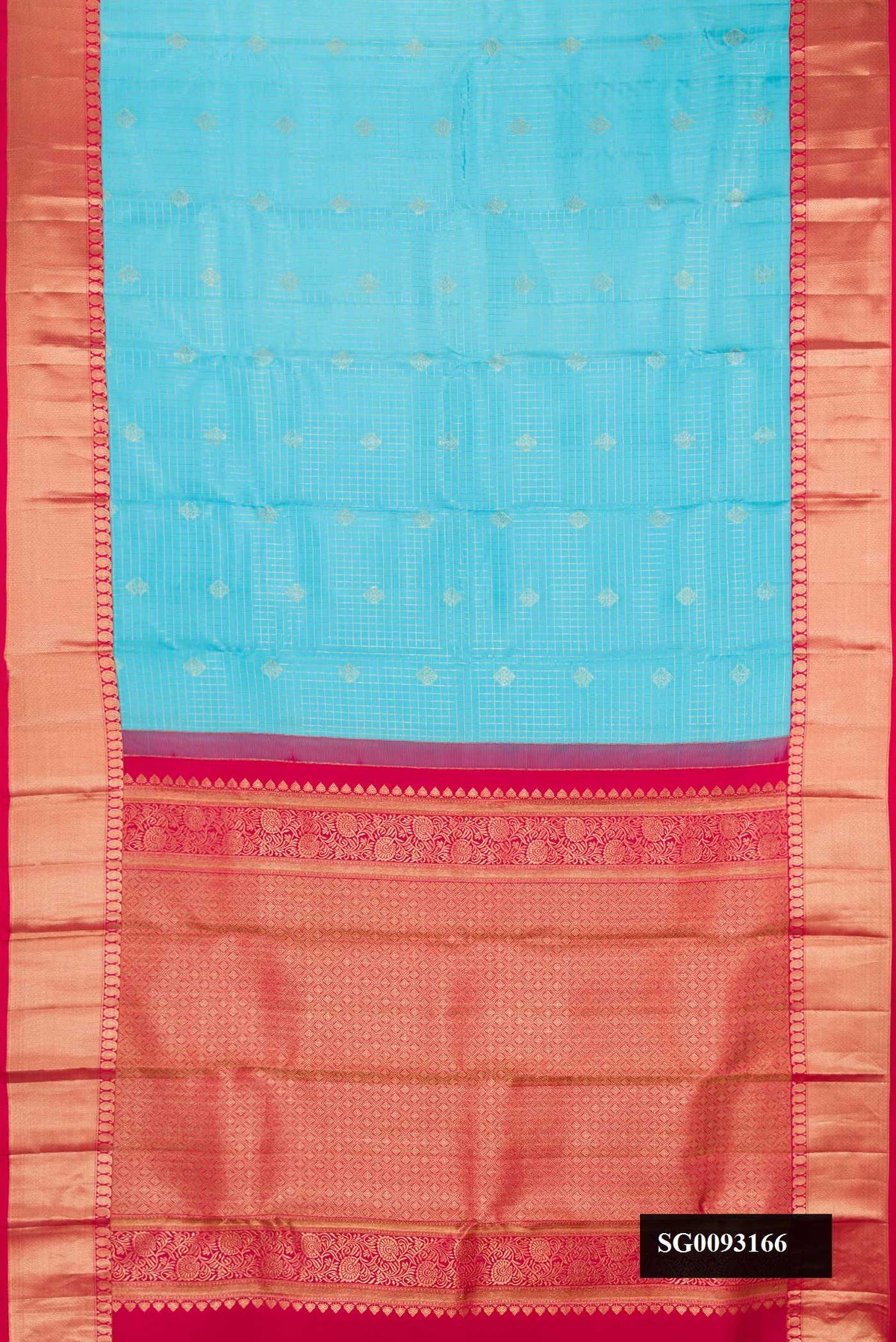 Sky Blue Dual Tone Kanchipuram Silk Saree with Checked design on the body and Zari Border.  displayed on a mannequin