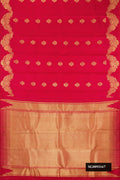 Maroon Dual Tone Kanchipuram Silk Saree with Zari Butta on the body and Fancy Border.  displayed on a mannequin