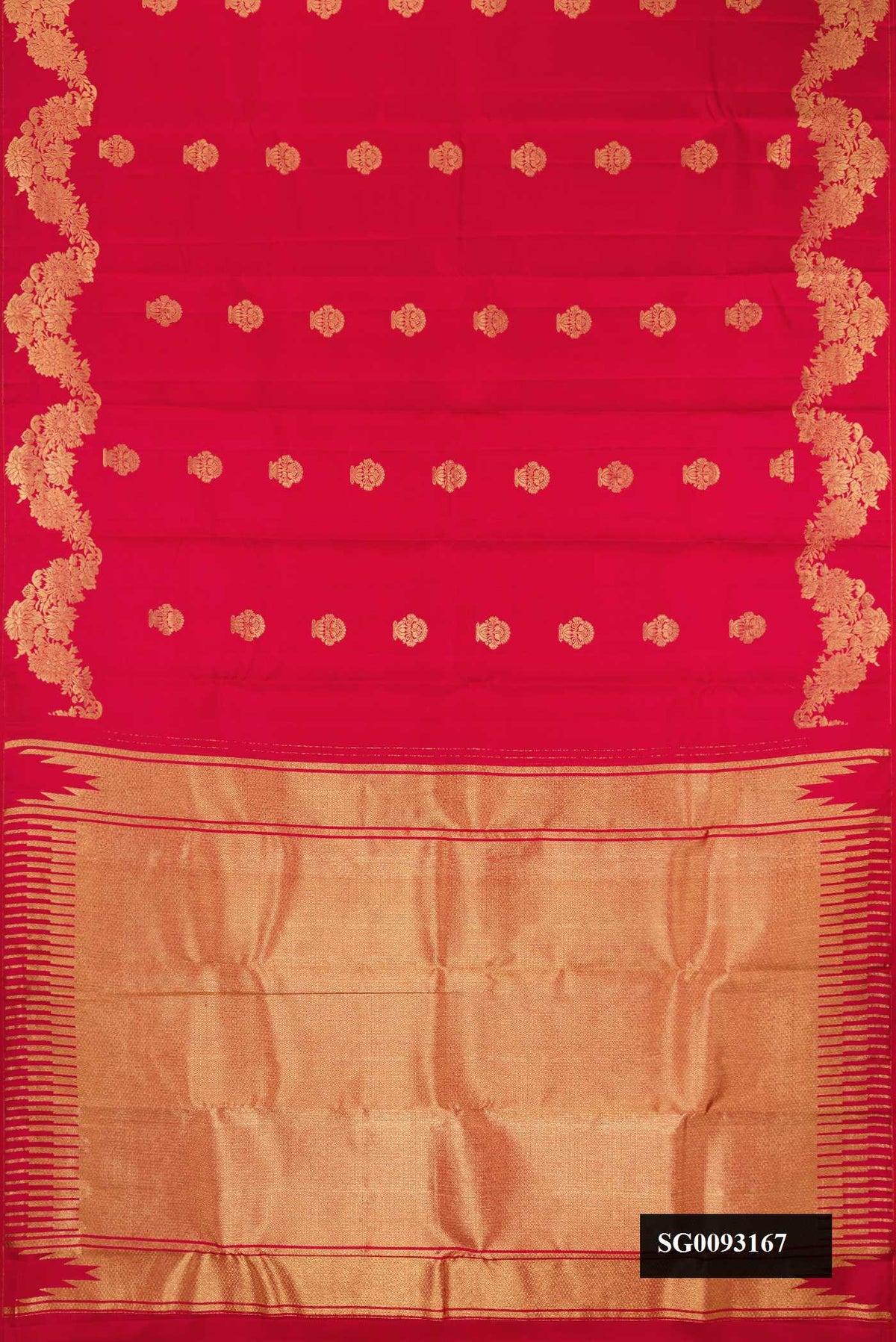 Maroon Dual Tone Kanchipuram Silk Saree with Zari Butta on the body and Fancy Border.  displayed on a mannequin