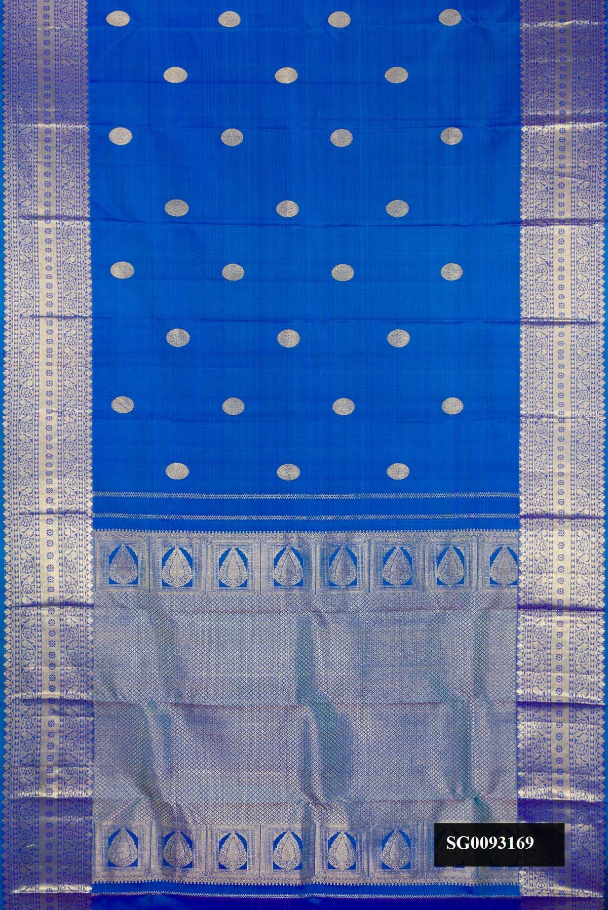 Royal Blue Dual Tone Kanchipuram Silk Saree with Zari Butta on the body and Zari Border.  displayed on a mannequin