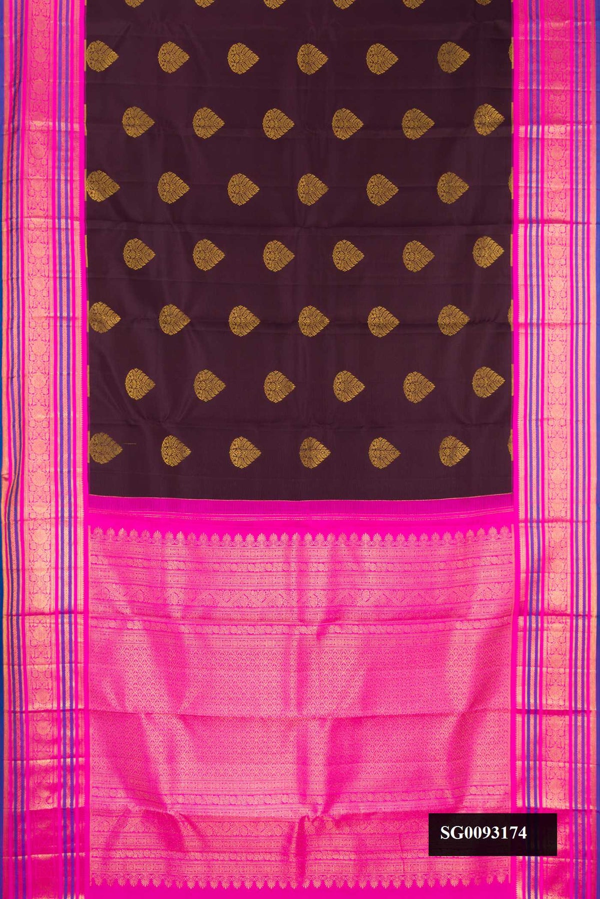 Coffee Brown Dual Tone Kanchipuram Silk Saree with Zari Butta on the body and Zari Border.  displayed on a mannequin