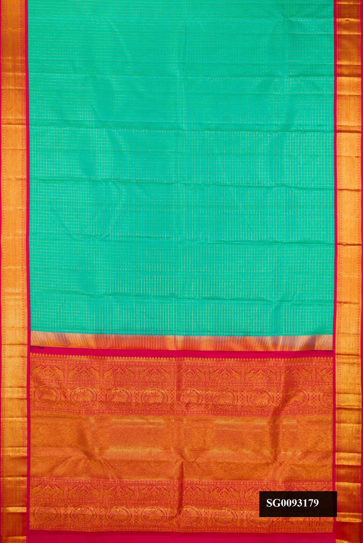 Sea Green Dual Tone Kanchipuram Silk Saree with Checked design on the body and Zari Border.  displayed on a mannequin