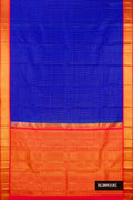 Royal Blue Dual Tone Kanchipuram Silk Saree with Checked design on the body and Zari Border.  displayed on a mannequin