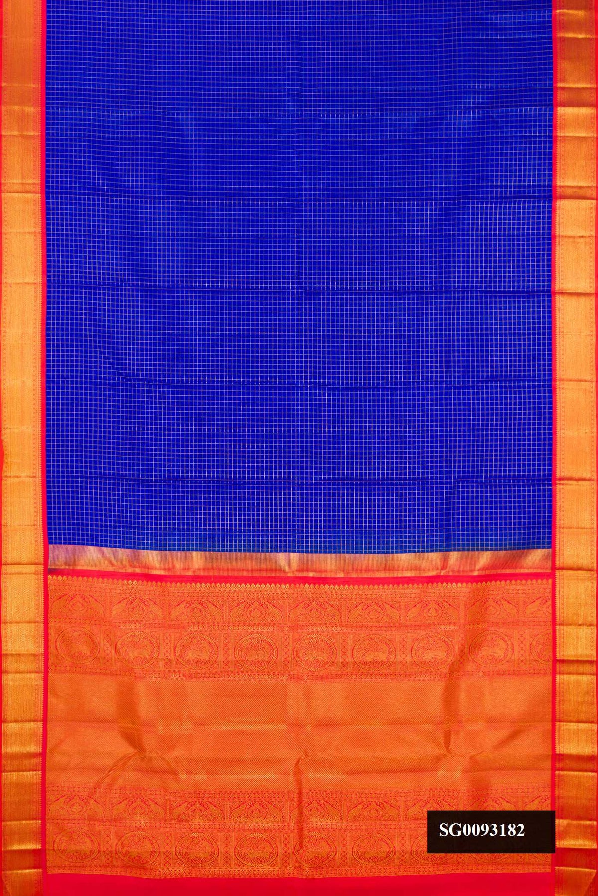 Royal Blue Dual Tone Kanchipuram Silk Saree with Checked design on the body and Zari Border.  displayed on a mannequin