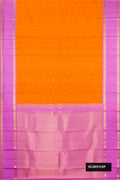 Mustard Dual Tone Kanchipuram Silk Saree with Zari Butta on the body and Zari Border.  displayed on a mannequin