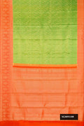 Parrot Green Dual Tone Kanchipuram Silk Saree with Zari Brocade on the body and Zari Border.  displayed on a mannequin