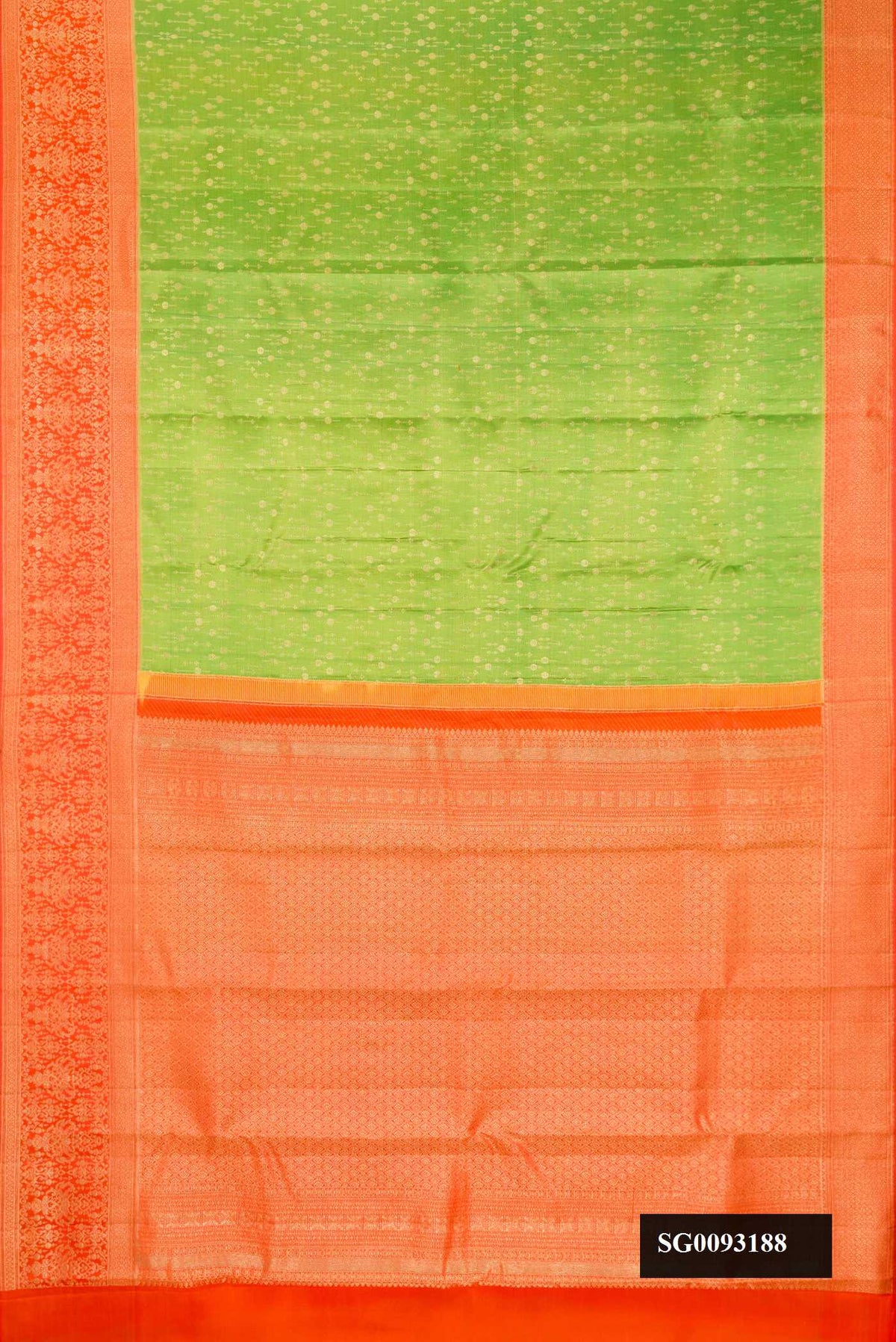 Parrot Green Dual Tone Kanchipuram Silk Saree with Zari Brocade on the body and Zari Border.  displayed on a mannequin