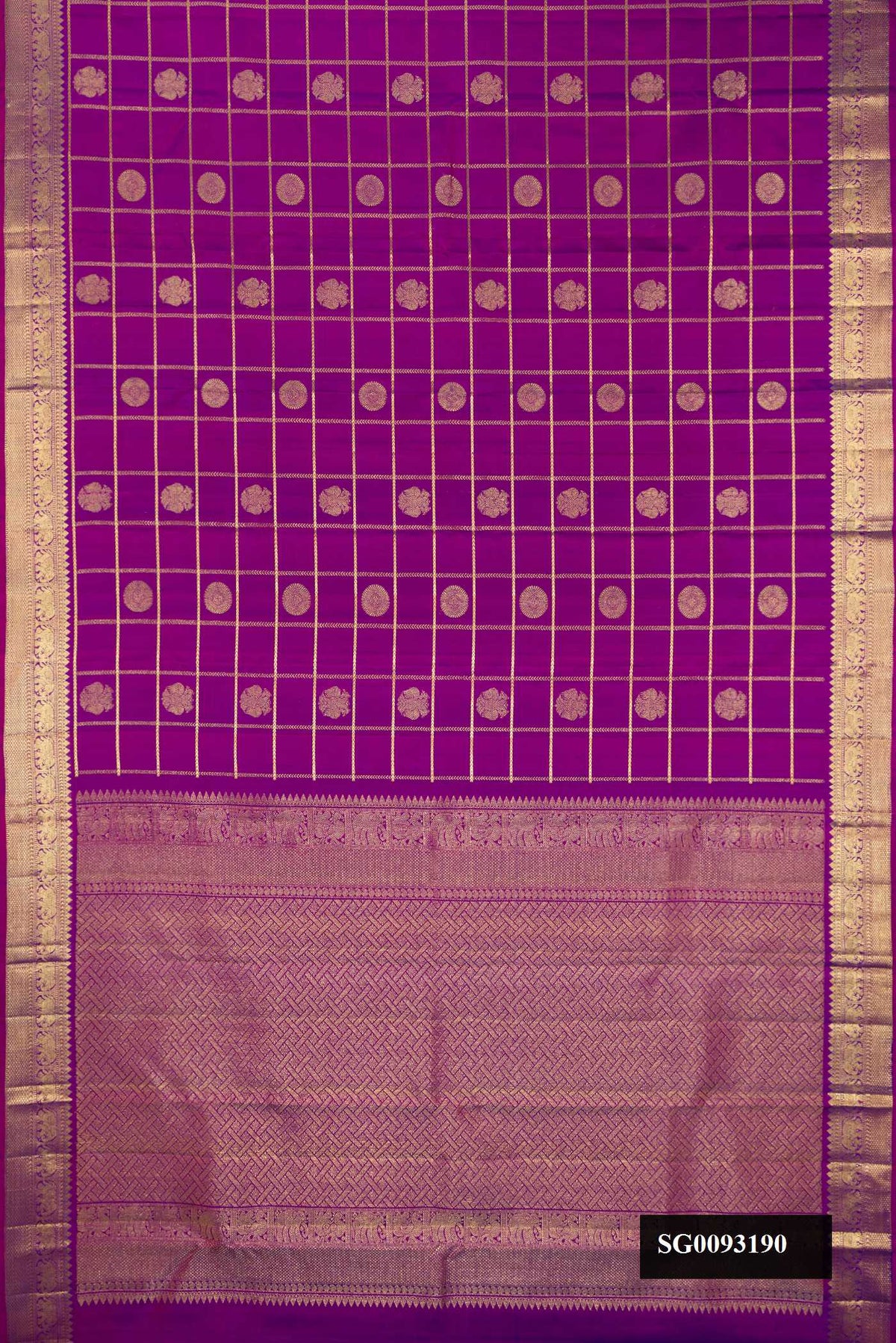 Purple Dual Tone Kanchipuram Silk Saree with Checked design on the body and Zari Border.  displayed on a mannequin