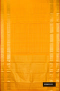 Mustard Dual Tone Kanchipuram Silk Saree with Stripes on the body and Zari Border.  displayed on a mannequin
