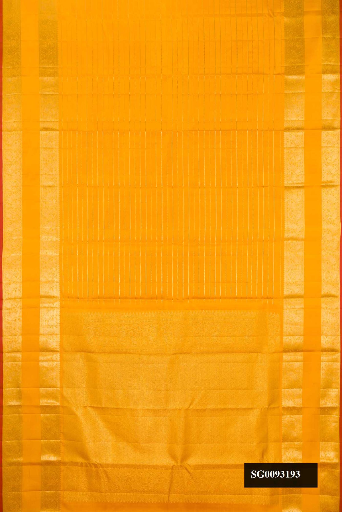 Mustard Dual Tone Kanchipuram Silk Saree with Stripes on the body and Zari Border.  displayed on a mannequin