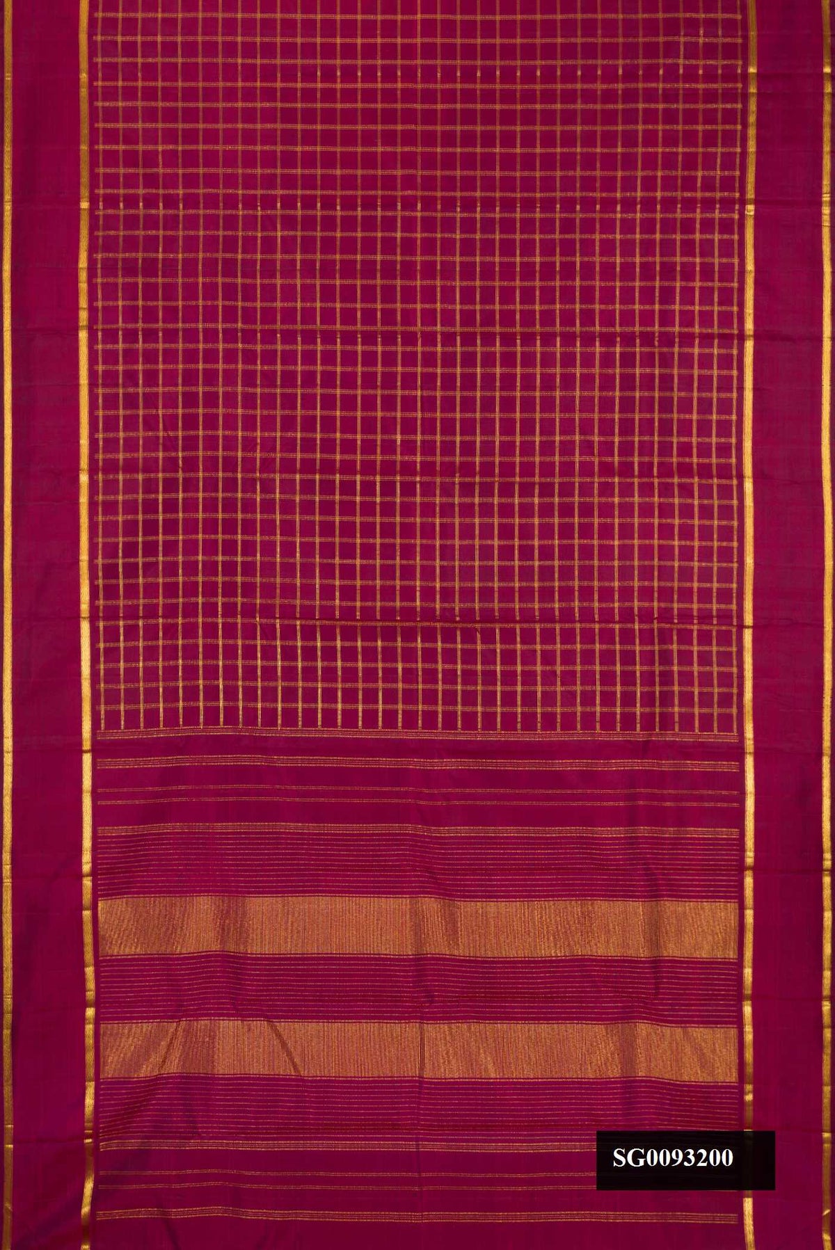 Maroon Dual Tone Kanchipuram Silk Saree with Checked design on the body and Zari Border.  displayed on a mannequin