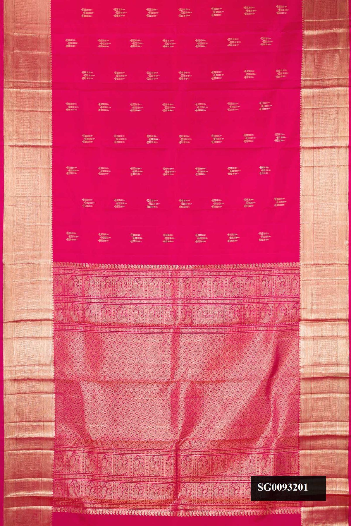 Rani Pink Dual Tone Kanchipuram Silk Saree with Zari Butta on the body and Zari Border.  displayed on a mannequin