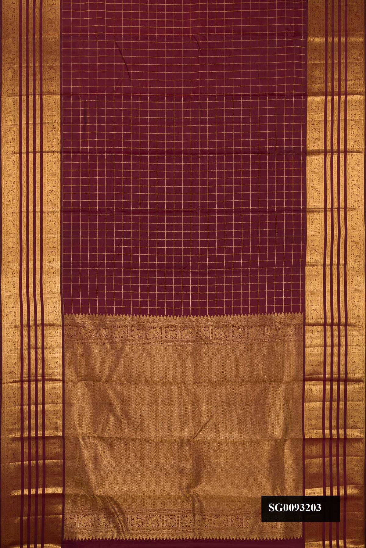Brown Dual Tone Kanchipuram Silk Saree with Checked design on the body and Zari Border.  displayed on a mannequin