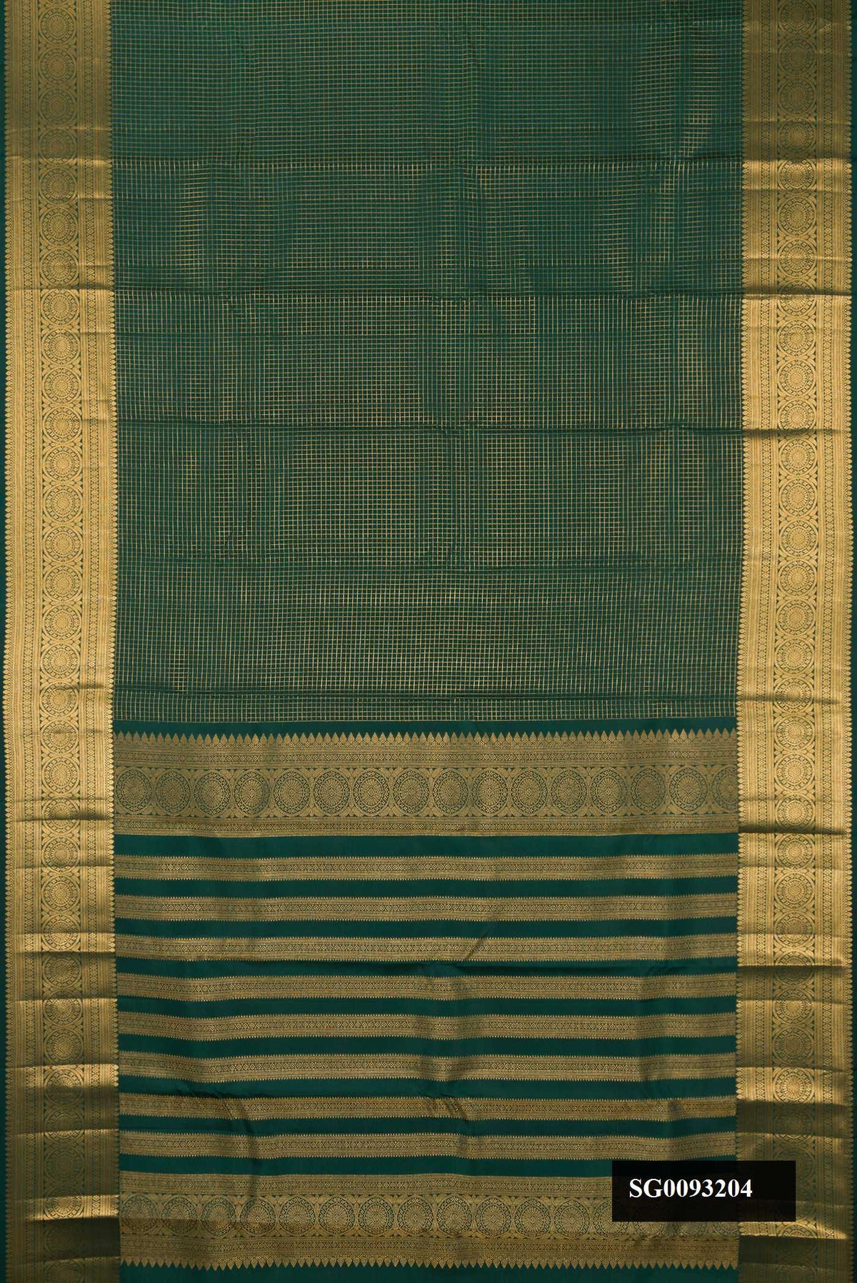 Bottle Green Dual Tone Kanchipuram Silk Saree with Checked design on the body and Zari Border.  displayed on a mannequin