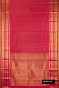 Dark Pink Dual Tone Kanchipuram Silk Saree with Checked design on the body and Zari Border.  displayed on a mannequin