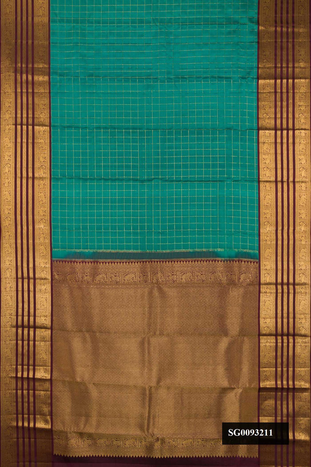 Green Dual Tone Kanchipuram Silk Saree with Checked design on the body and Zari Border.  displayed on a mannequin