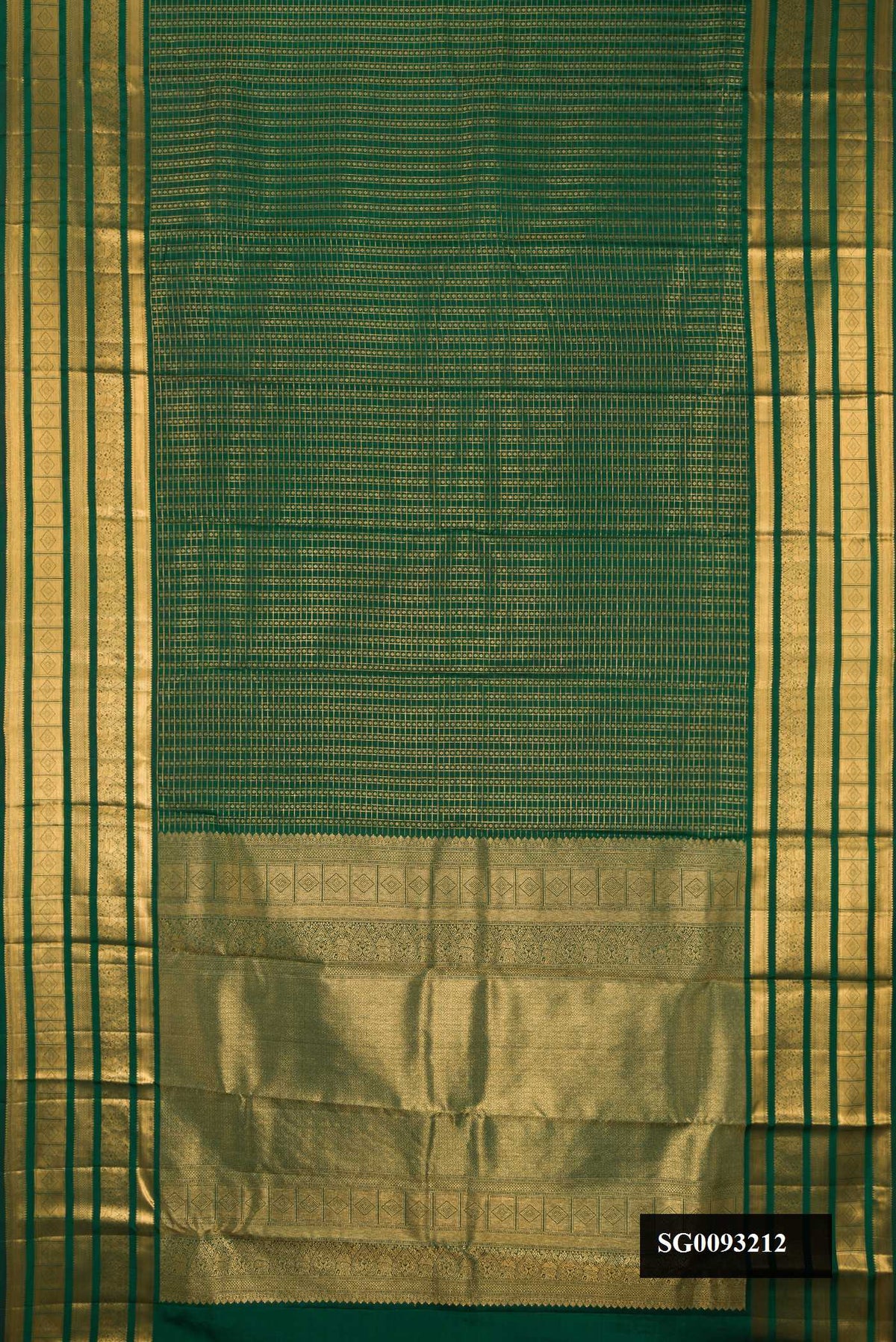 Bottle Green Dual Tone Kanchipuram Silk Saree with Checked design on the body and Zari Border.  displayed on a mannequin