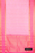 Rose pink Dual Tone Kanchipuram Silk Saree with Zari Butta on the body and Zari Border.  displayed on a mannequin