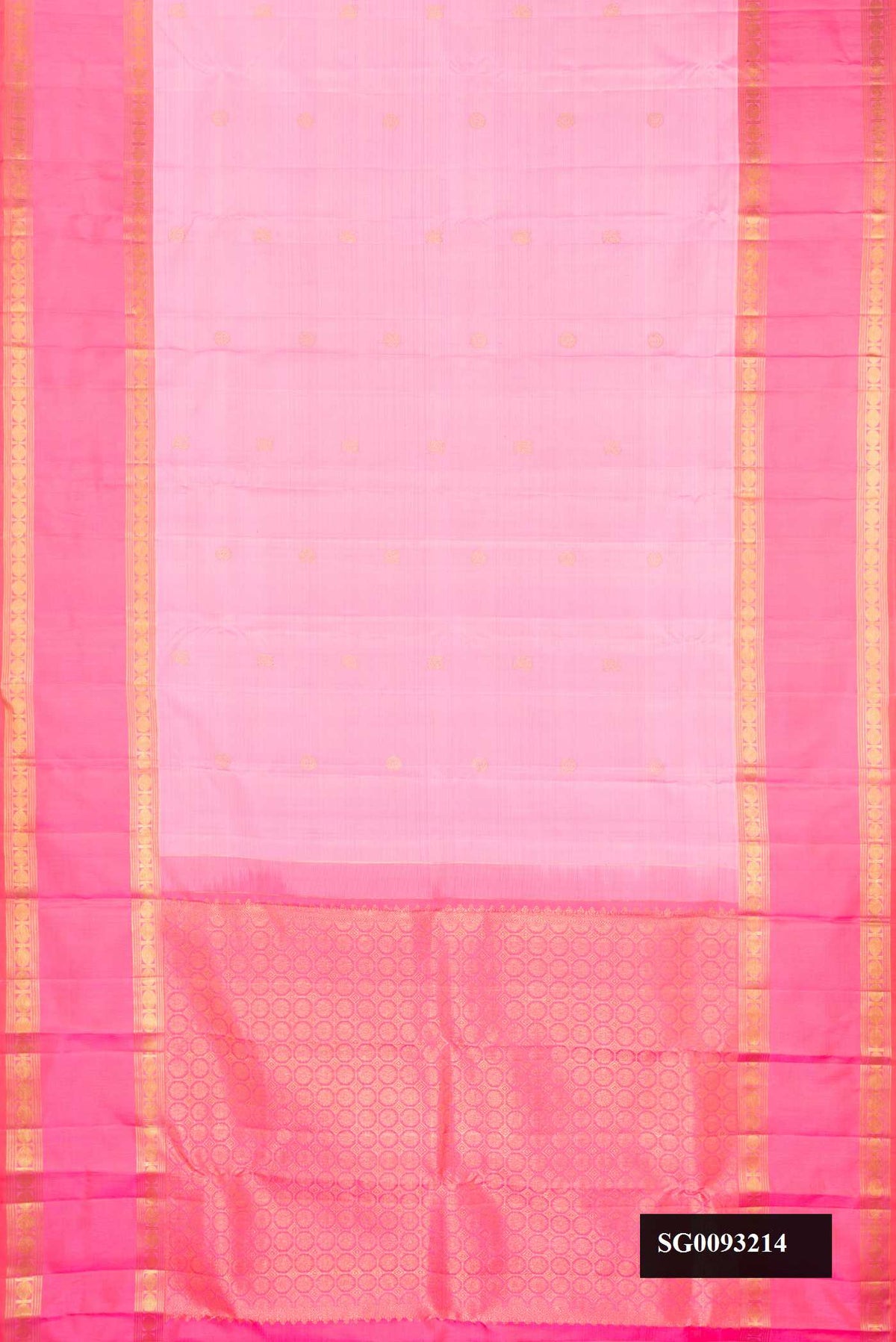 Rose pink Dual Tone Kanchipuram Silk Saree with Zari Butta on the body and Zari Border.  displayed on a mannequin