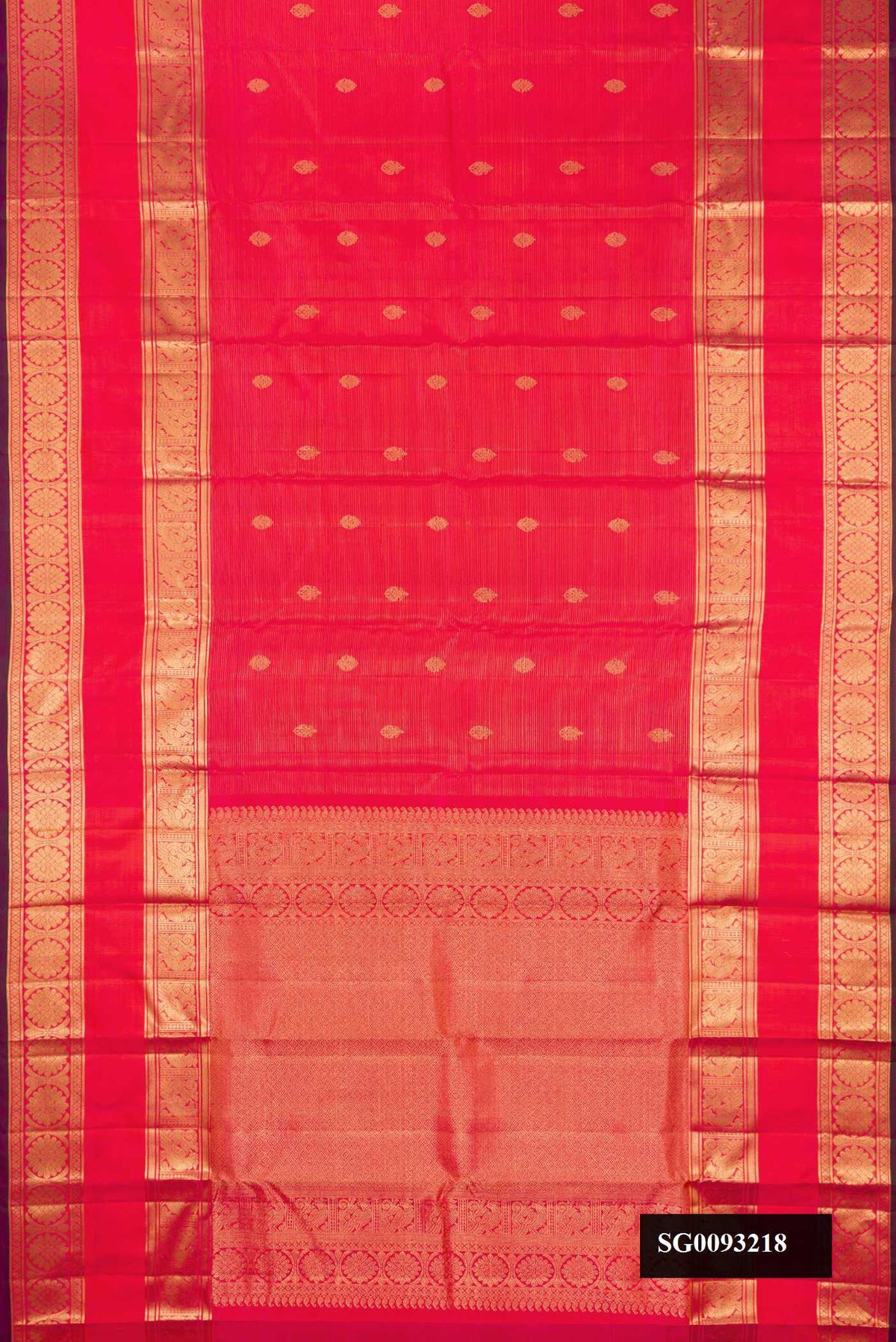 Pink Dual Tone Kanchipuram Silk Saree with Stripes on the body and Fancy Border.  displayed on a mannequin