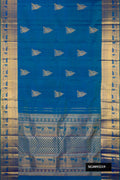 Peacock Blue Dual Tone Kanchipuram Silk Saree with Zari Butta on the body and Fancy Border.  displayed on a mannequin