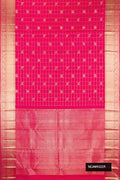 Dark Pink Dual Tone Kanchipuram Silk Saree with Checked design on the body and Zari Border.  displayed on a mannequin