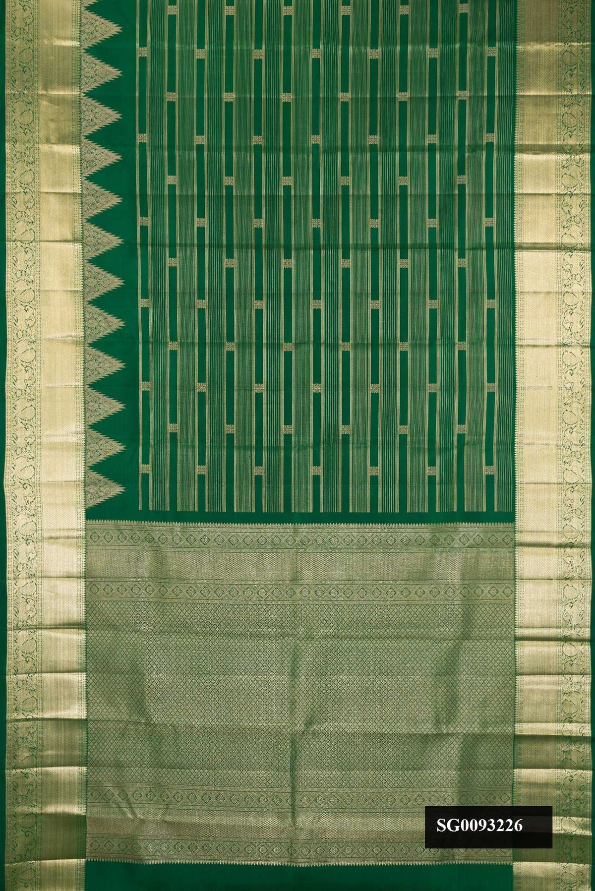 Bottle Green Dual Tone Kanchipuram Silk Saree with Stripes on the body and Zari Border.  displayed on a mannequin