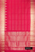 Dark Pink Dual Tone Kanchipuram Silk Saree with Stripes on the body and Temple Border.  displayed on a mannequin
