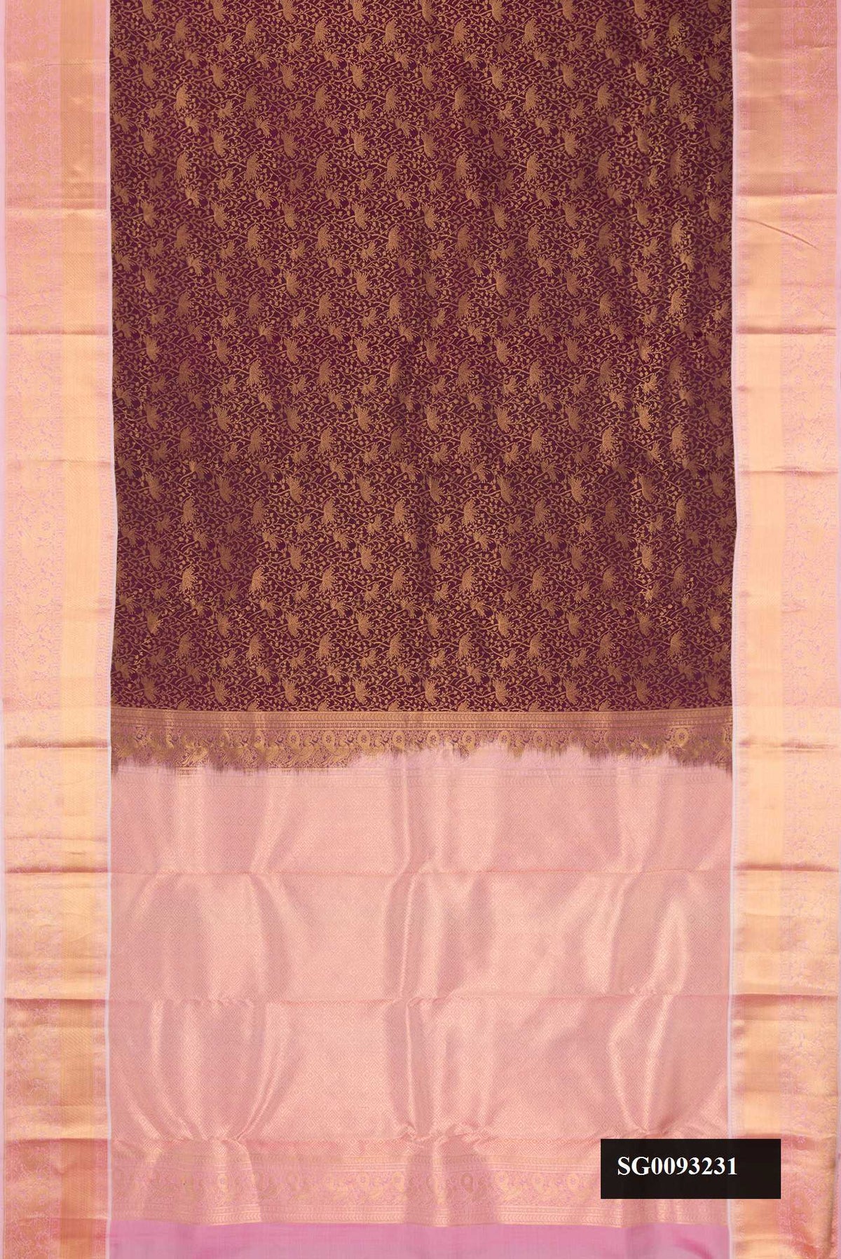 Brown Dual Tone Kanchipuram Silk Saree with Zari Brocade on the body and Zari Border.  displayed on a mannequin