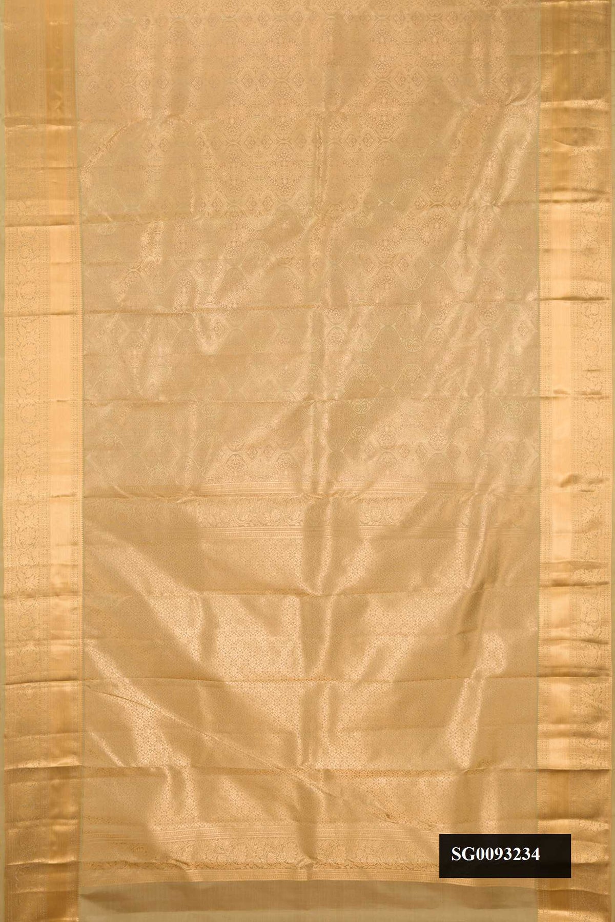 Dark Beige Dual Tone Kanchipuram Silk Saree with Zari Brocade on the body and Zari Border.  displayed on a mannequin