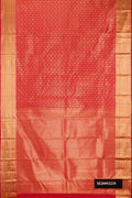 Red Dual Tone Kanchipuram Silk Saree with Zari Brocade on the body and Zari Border.  displayed on a mannequin
