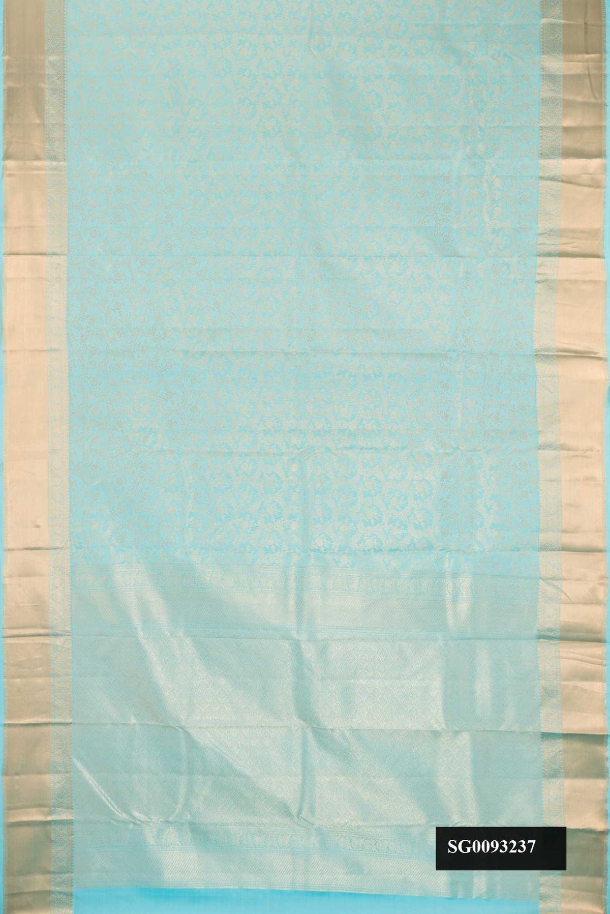Sky Blue Dual Tone Kanchipuram Silk Saree with Zari Brocade on the body and Zari Border.  displayed on a mannequin