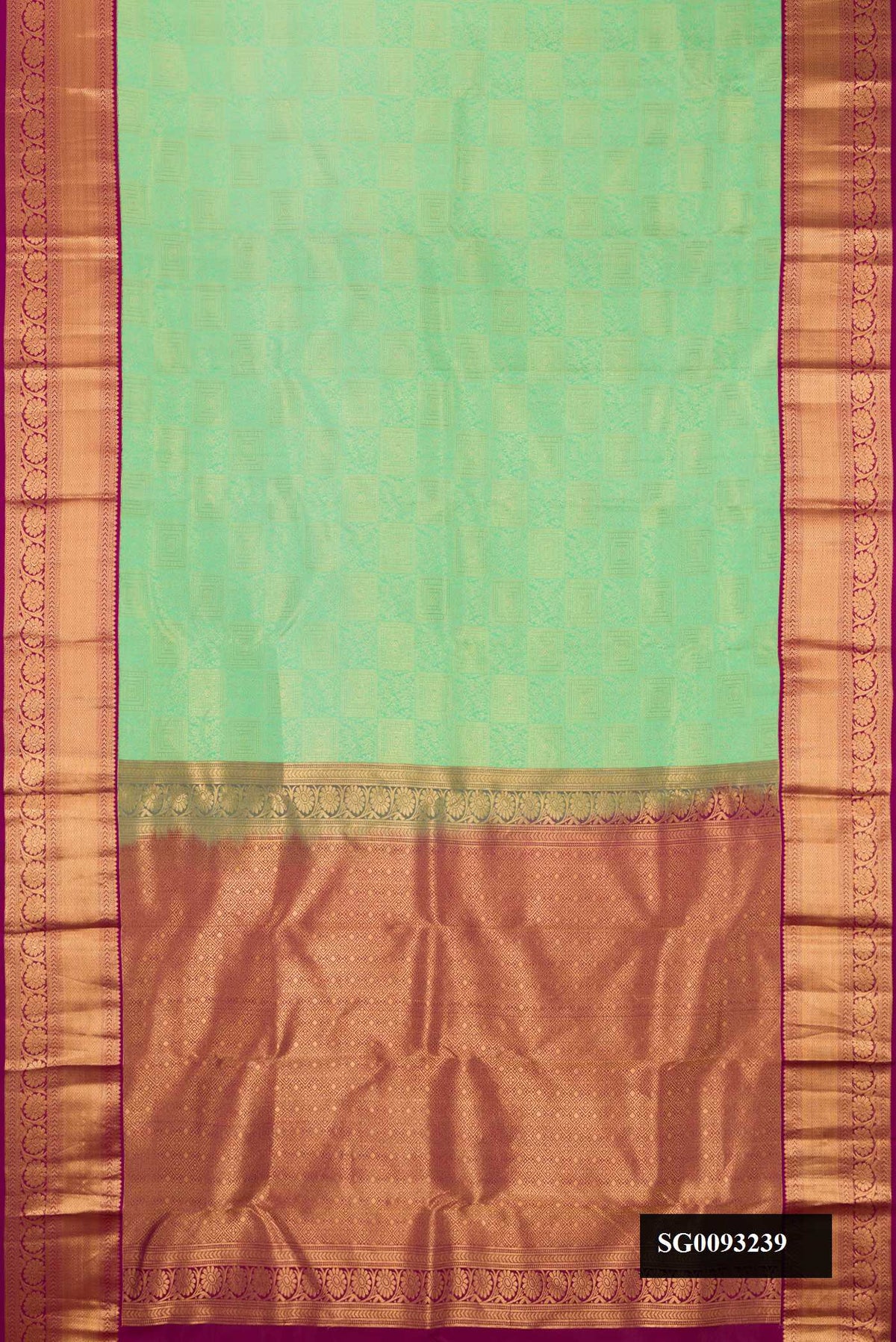 Pista Green Dual Tone Kanchipuram Silk Saree with Zari Brocade on the body and Zari Border.  displayed on a mannequin
