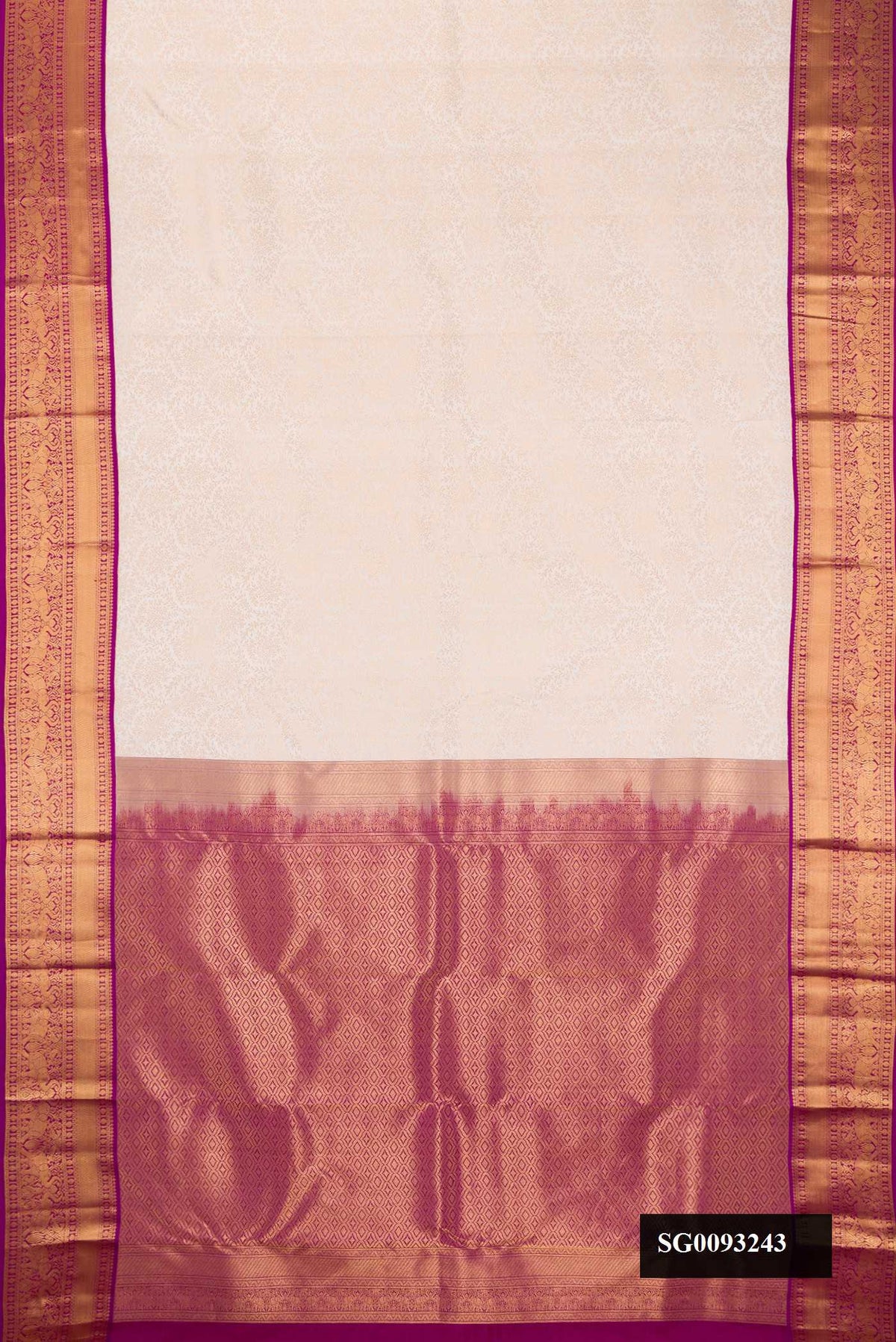 Off White Dual Tone Kanchipuram Silk Saree with Zari Brocade on the body and Zari Border.  displayed on a mannequin