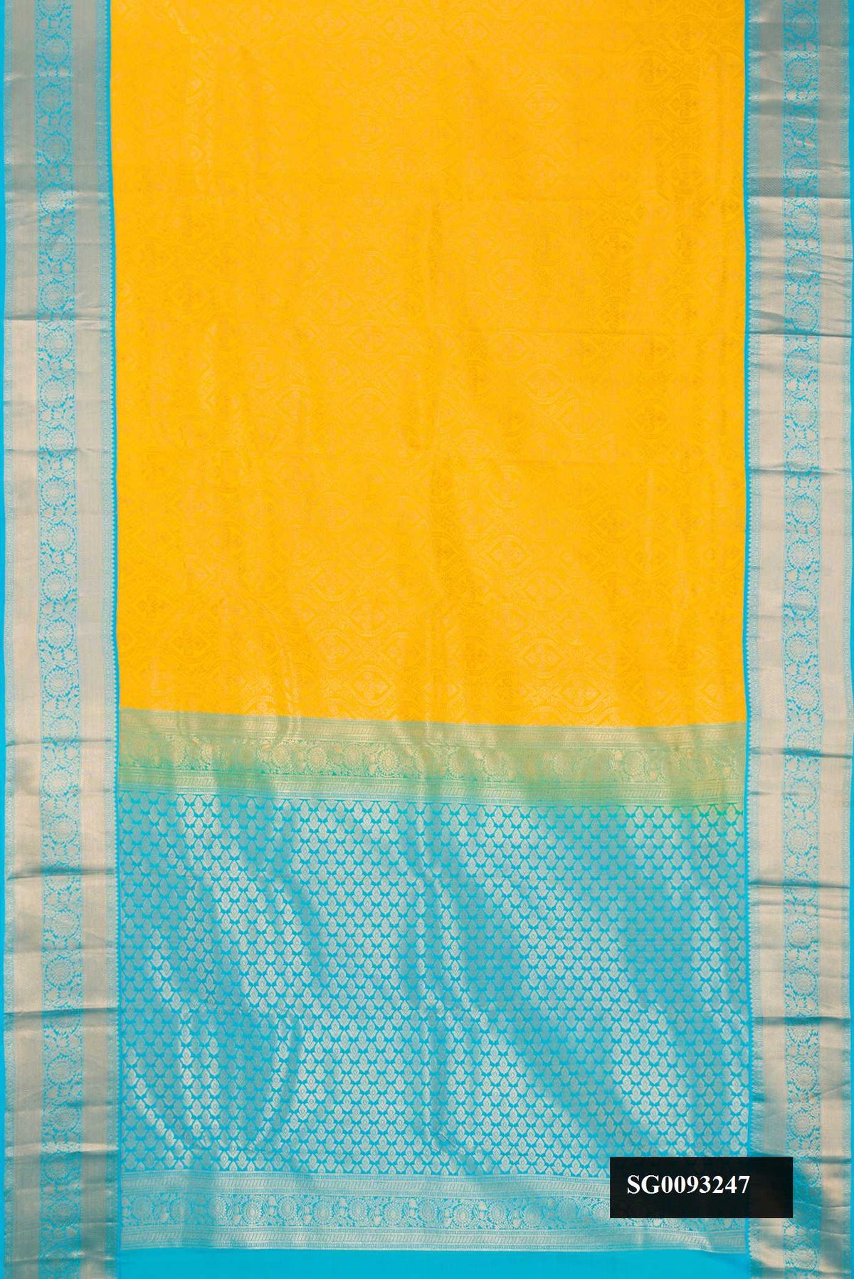 Mustard Dual Tone Kanchipuram Silk Saree with Zari Brocade on the body and Zari Border.  displayed on a mannequin