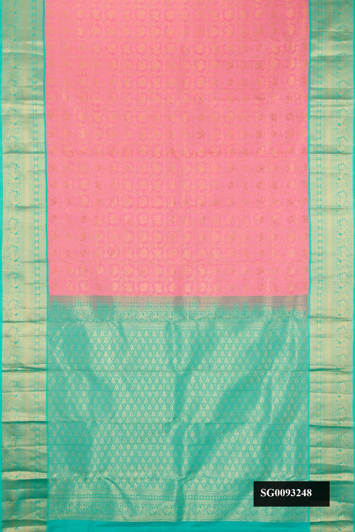 Pink Dual Tone Kanchipuram Silk Saree with Zari Brocade on the body and Zari Border.  displayed on a mannequin