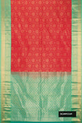 Red Dual Tone Kanchipuram Silk Saree with Zari Brocade on the body and Zari Border.  displayed on a mannequin