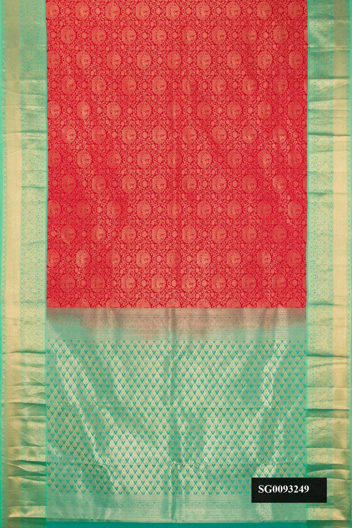 Red Dual Tone Kanchipuram Silk Saree with Zari Brocade on the body and Zari Border.  displayed on a mannequin
