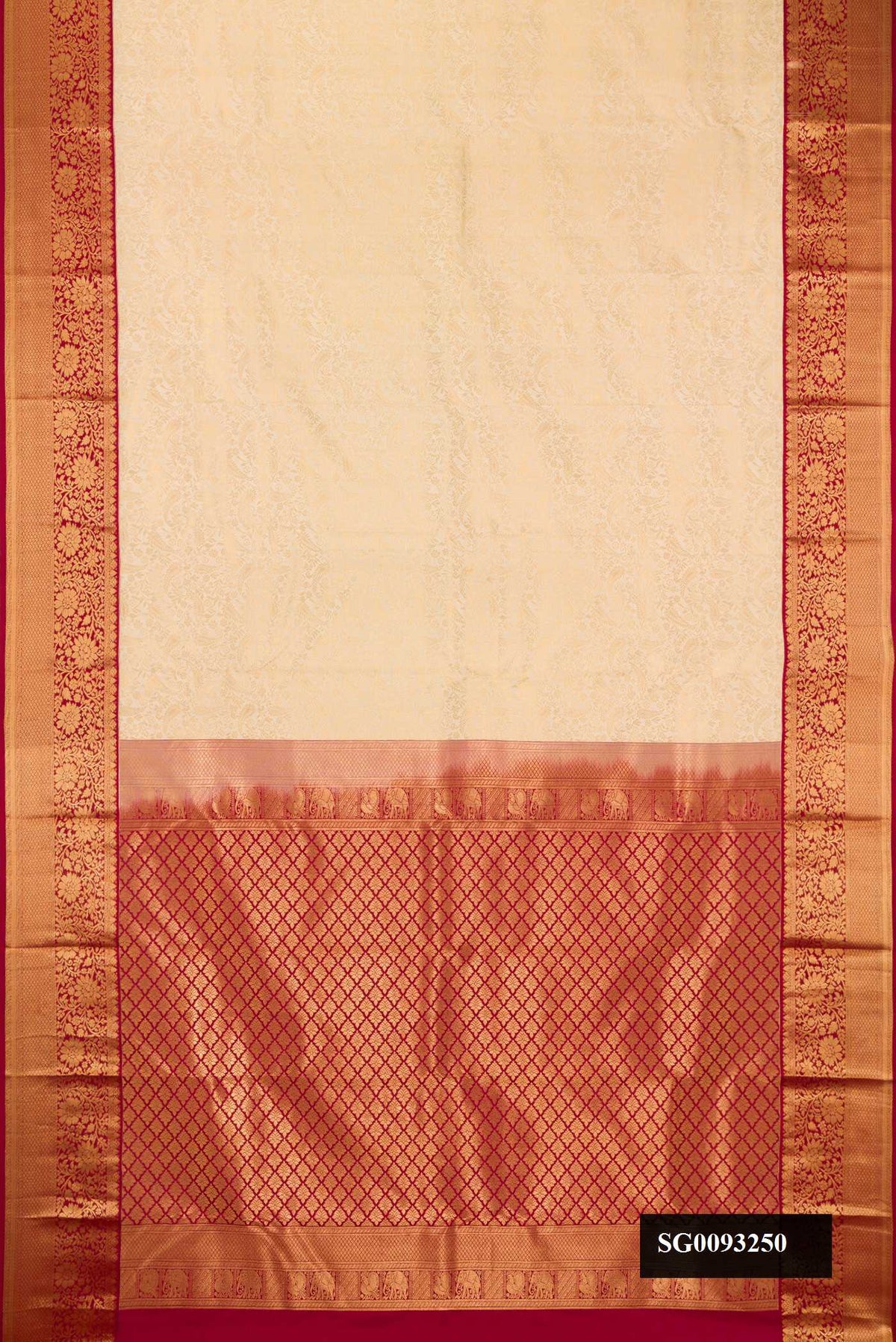 Sandal Dual Tone Kanchipuram Silk Saree with Zari Brocade on the body and Zari Border.  displayed on a mannequin