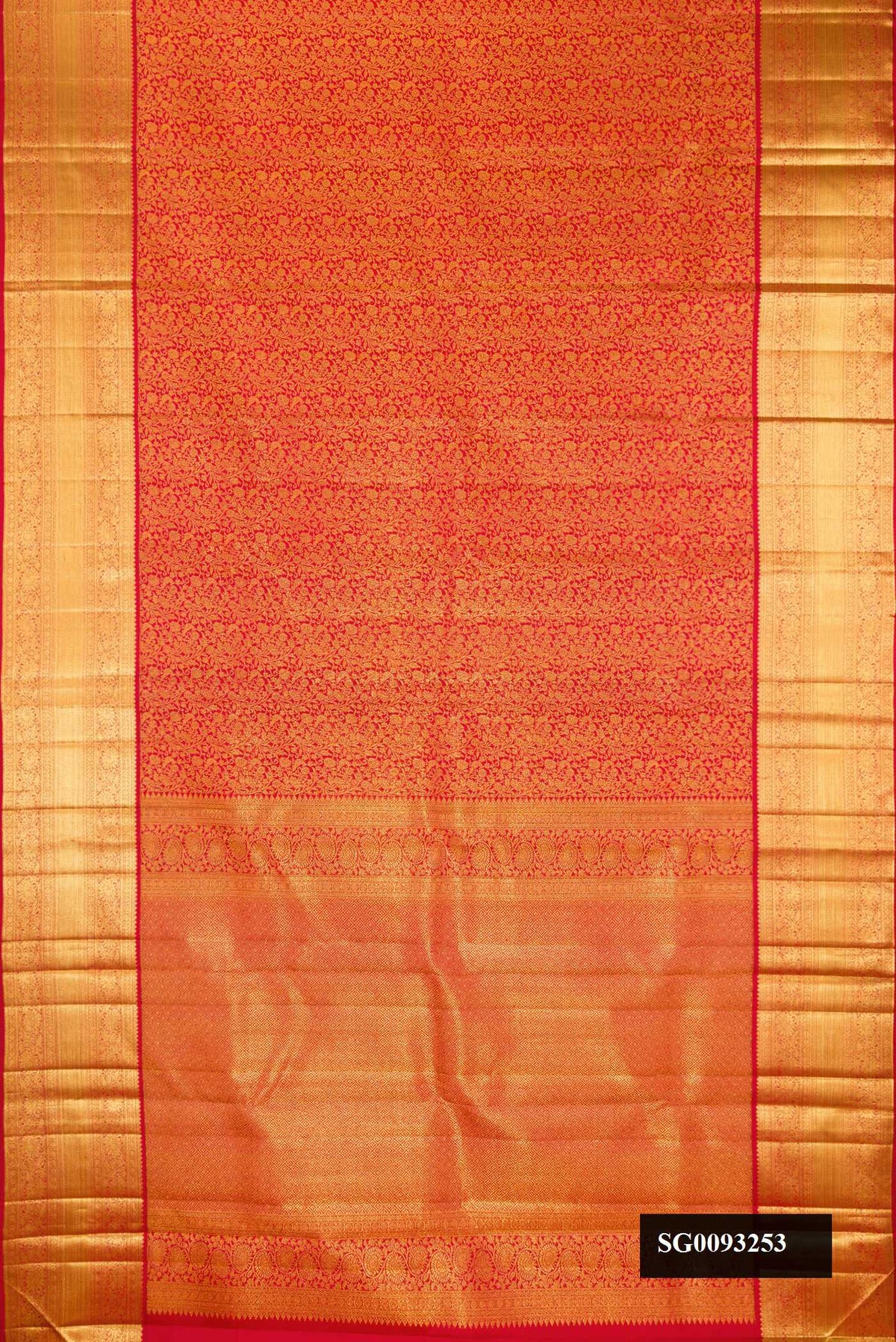Red Dual Tone Kanchipuram Silk Saree with Zari Brocade on the body and Zari Border.  displayed on a mannequin