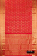 Red Dual Tone Kanchipuram Silk Saree with Zari Brocade on the body and Zari Border.  displayed on a mannequin