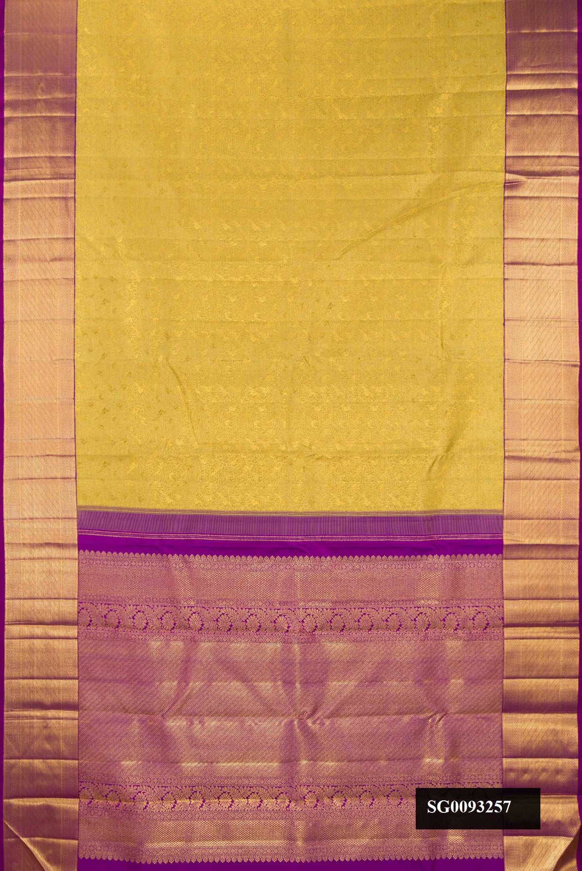 Gold Dual Tone Kanchipuram Silk Saree with Zari Brocade on the body and Zari Border.  displayed on a mannequin