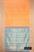 Golden Peach Dual Tone Kanchipuram Silk Saree with Zari Brocade on the body and Fancy Border.  displayed on a mannequin