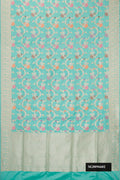 Sky Blue Dual Tone Banarasi Silk Saree with Zari Brocade on the body and Zari Border.  displayed on a mannequin