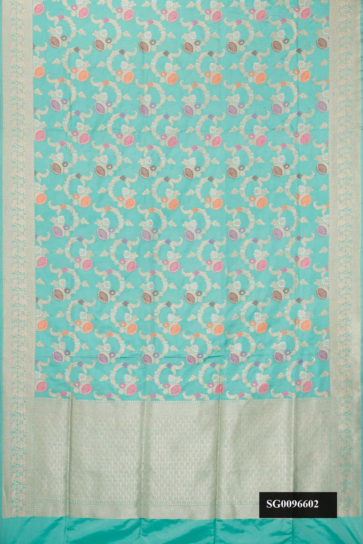 Sky Blue Dual Tone Banarasi Silk Saree with Zari Brocade on the body and Zari Border.  displayed on a mannequin