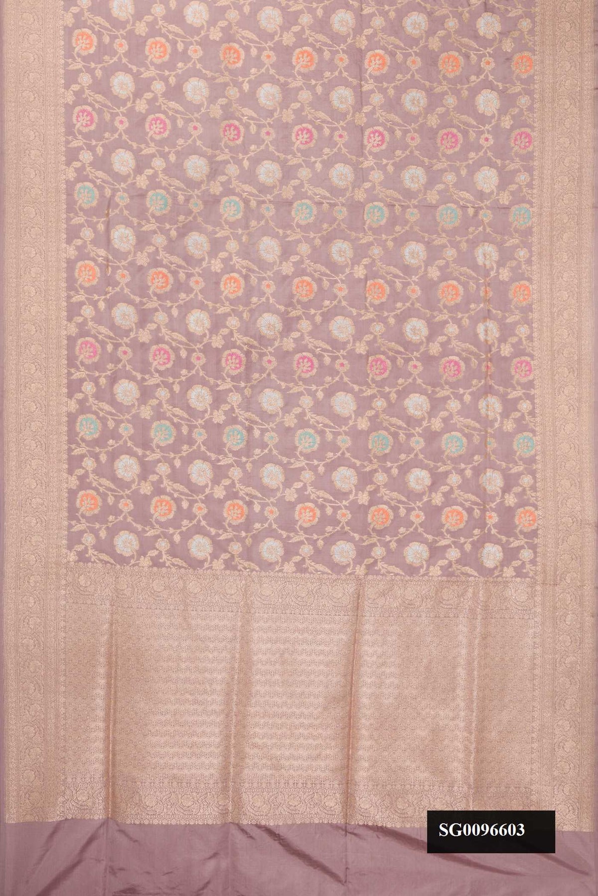 Lavender Dual Tone Banarasi Silk Saree with Zari Brocade on the body and Zari Border.  displayed on a mannequin