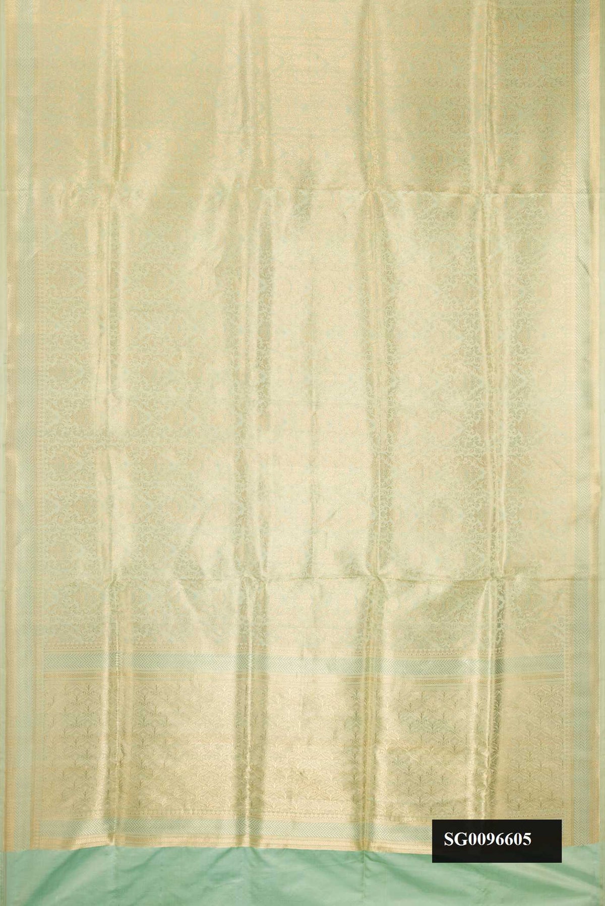 Pista Green Dual Tone Banarasi Silk Saree with Zari Brocade on the body and Zari Border.  displayed on a mannequin