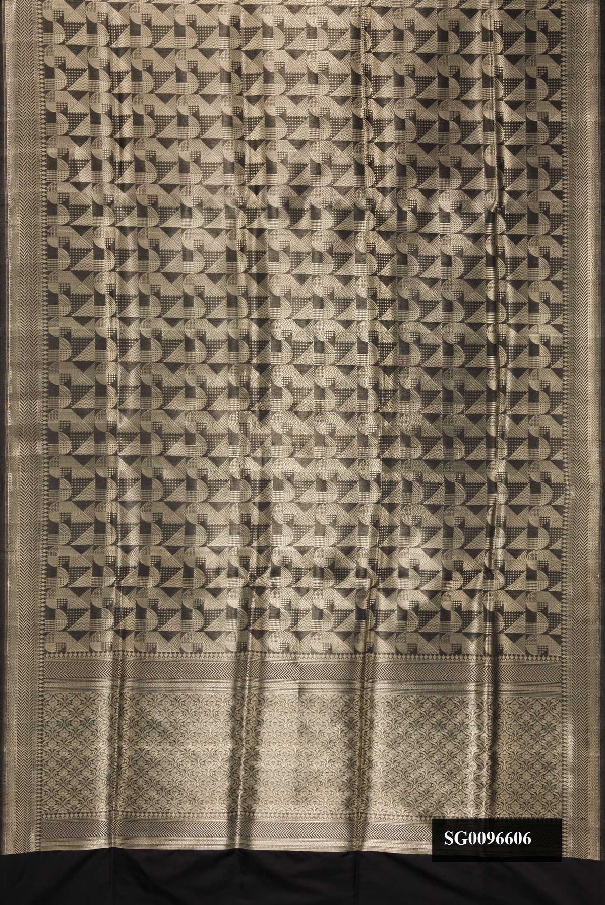 Black Dual Tone Banarasi Silk Saree with Zari Brocade on the body and Zari Border.  displayed on a mannequin